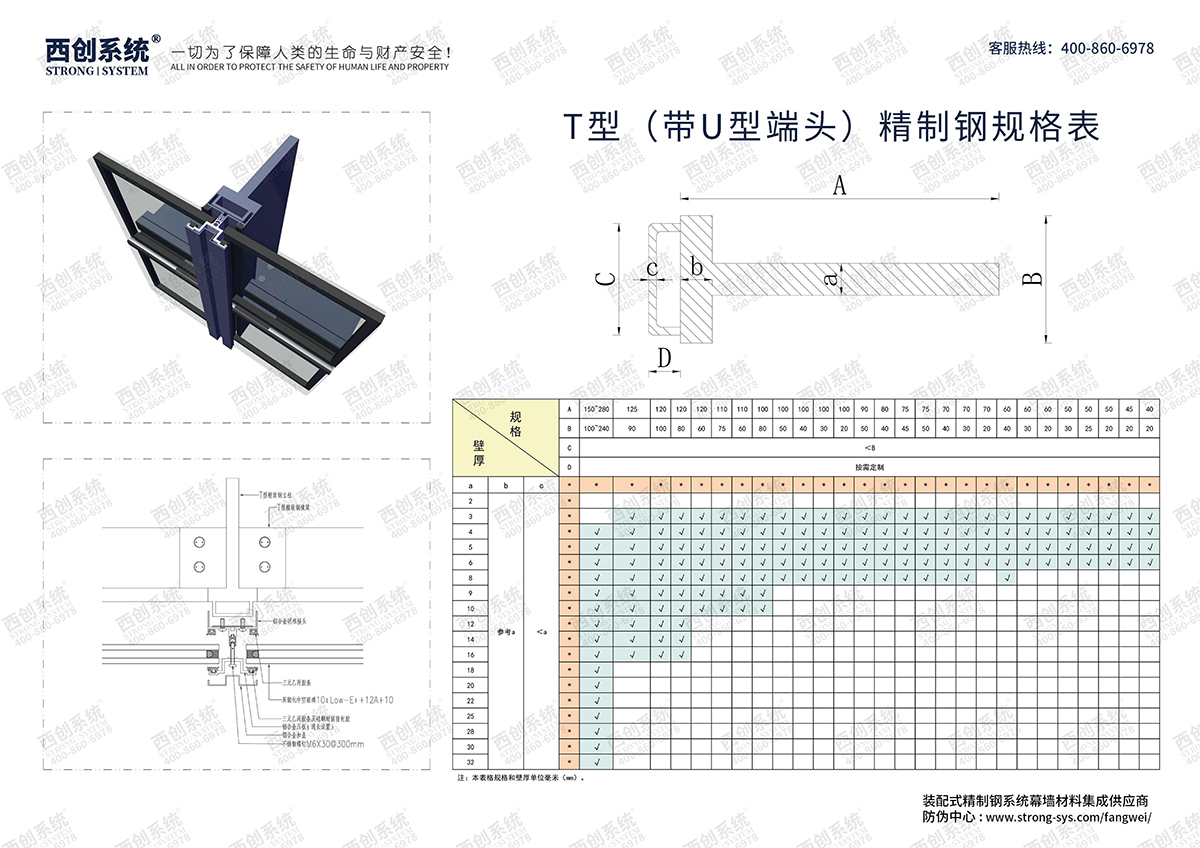 西创系统-T型（带U型端头）精制钢型材规格表