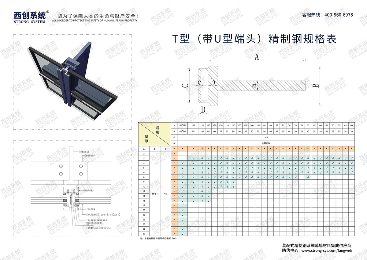 西创系统-T型（带U型端头）精致钢型材规格表