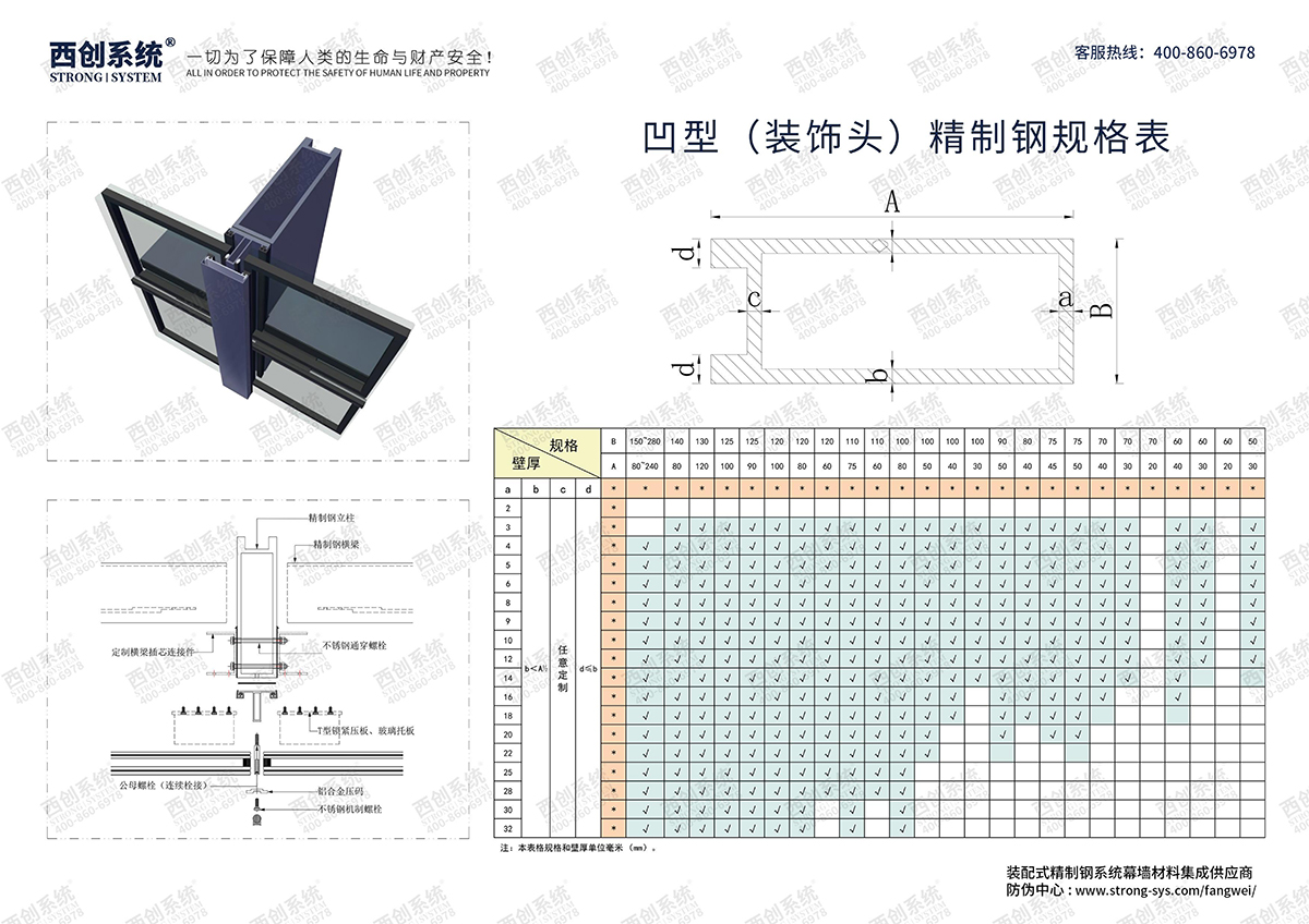 西创系统-凹型（装饰头）精致钢型材规格表