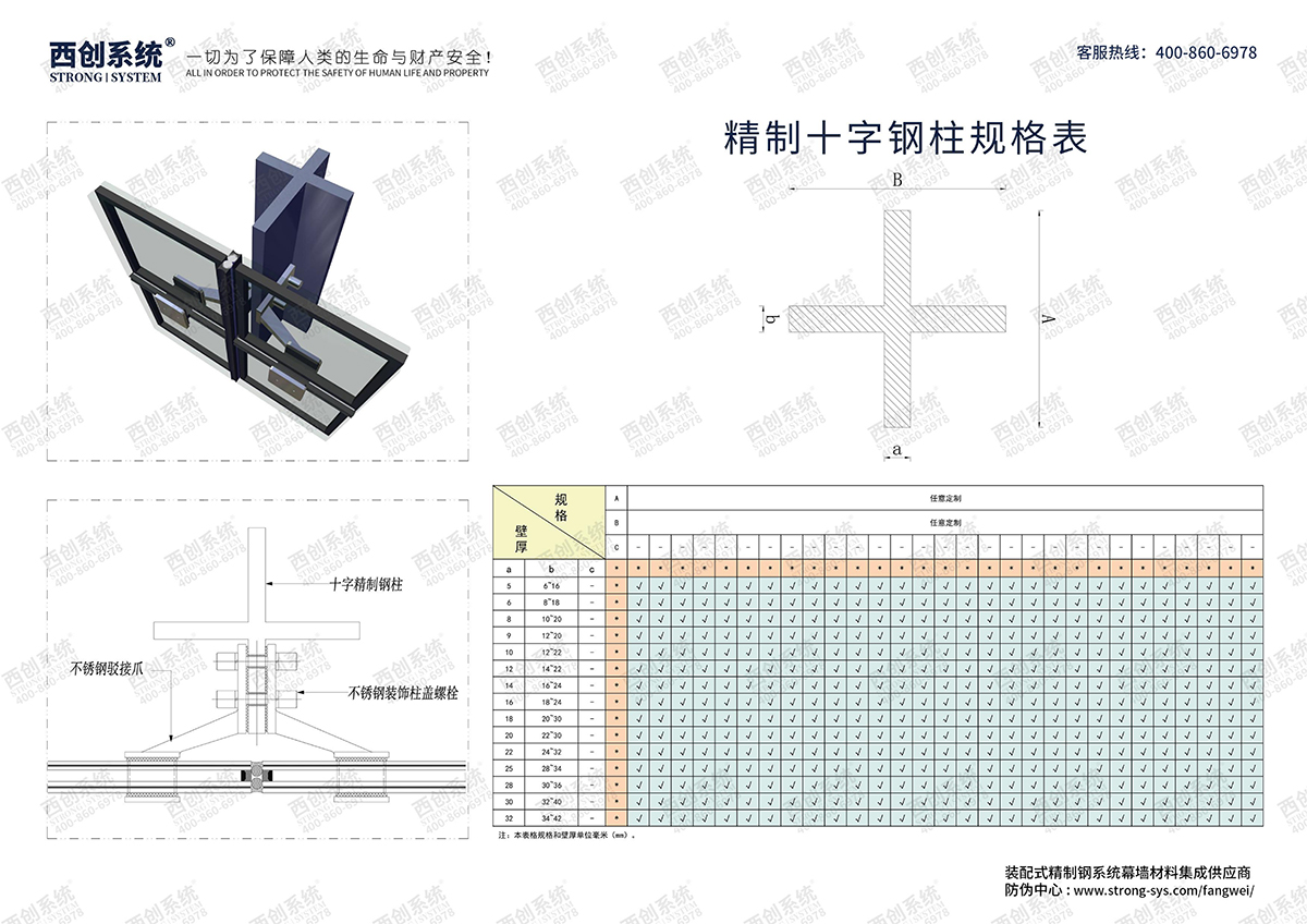 西创系统-精制十字钢柱系统型材规格表