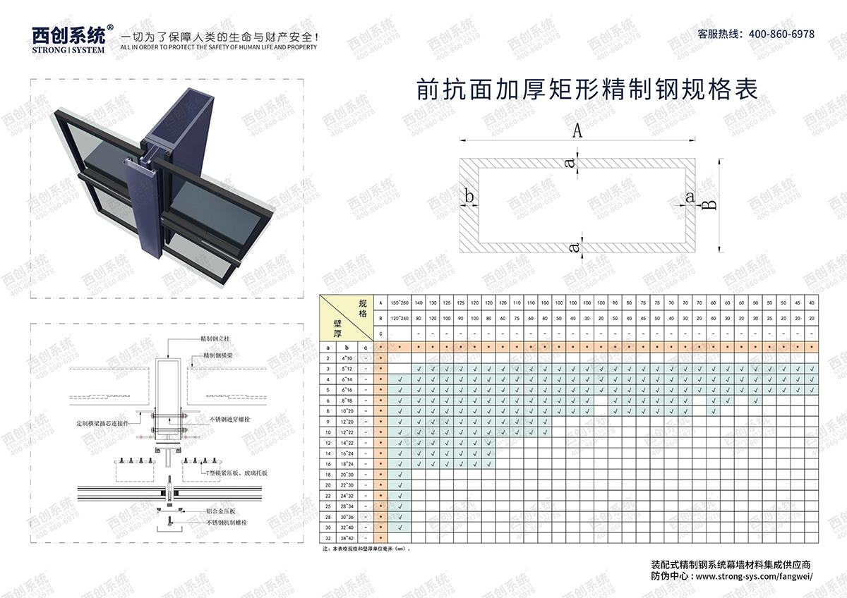 西创系统-前抗面加厚矩形精致钢型材规格表