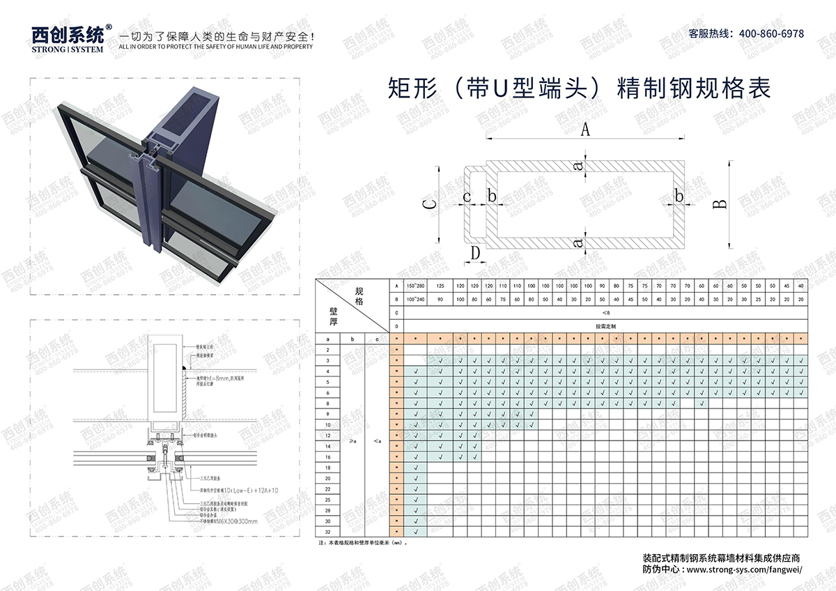 西创系统-矩形（带U型端头）精制钢型材规格表