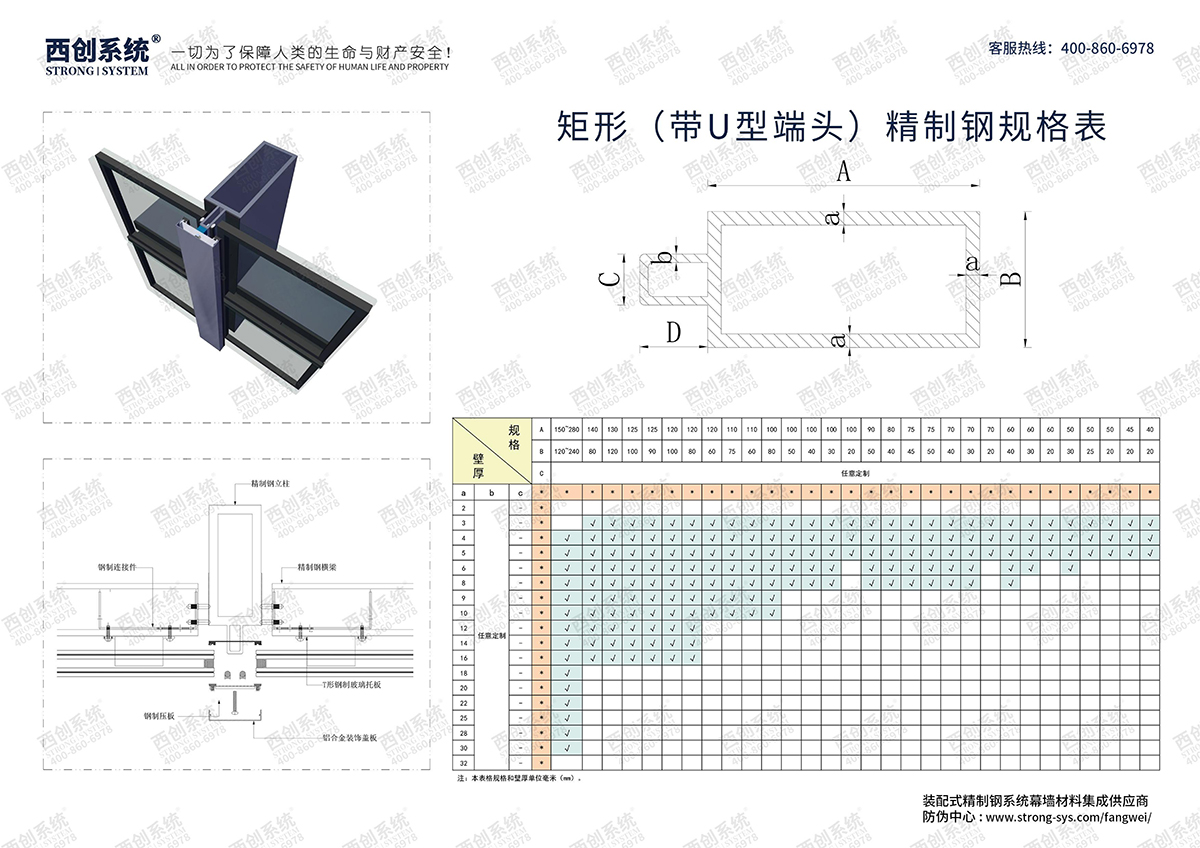 西创系统-矩形（带U型端头）精制钢型材规格表